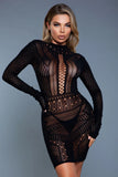 Black Geometric Mesh Long Sleeve Mini Dress