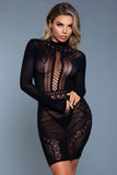 Black Geometric Mesh Long Sleeve Mini Dress