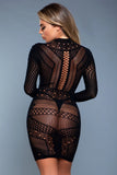 Black Geometric Mesh Long Sleeve Mini Dress