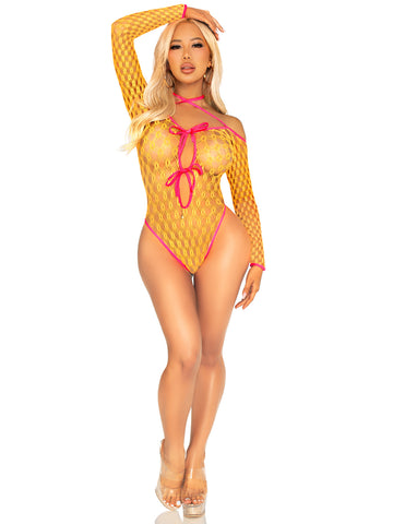 "Eyelet Net Teddy With Tie-Front Keyhole Detail O/s - Neon Orange LA-89350ORGOS"