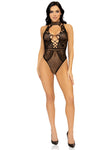 Net and Lace Keyhole Halter Bodysuit - One Size -  Black LA-89307BLKOS