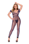 "Crochet Net Footless Bodystocking with Cap Sleeves, Open Crotch - Midnight Blue - Os EM-12191BLUEOS"
