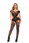 "Crochet Net Suspender Bodystocking with Off the Shoulder Sleeves and Cut Out Sides - Black - Os EM-12199BLKOS"