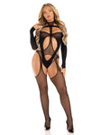 2 Pc Fishnet Halter Suspender Bodystocking and  Layered Teddy - One Size - Black LA-89321BLKOS