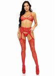 3 Pc Rhinestone Bra Top, G-String, and Garter Belt Stockings - One Size - Red LA-81656REDOS