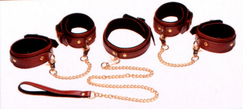 6 Piece Burgundy Bondage Set Burgundy Cuffs,  Collar and Leash MS-AG883-BUR