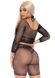 2 Pc Rhinestone Fishnet Crop Top and Biker Shorts - One Size -